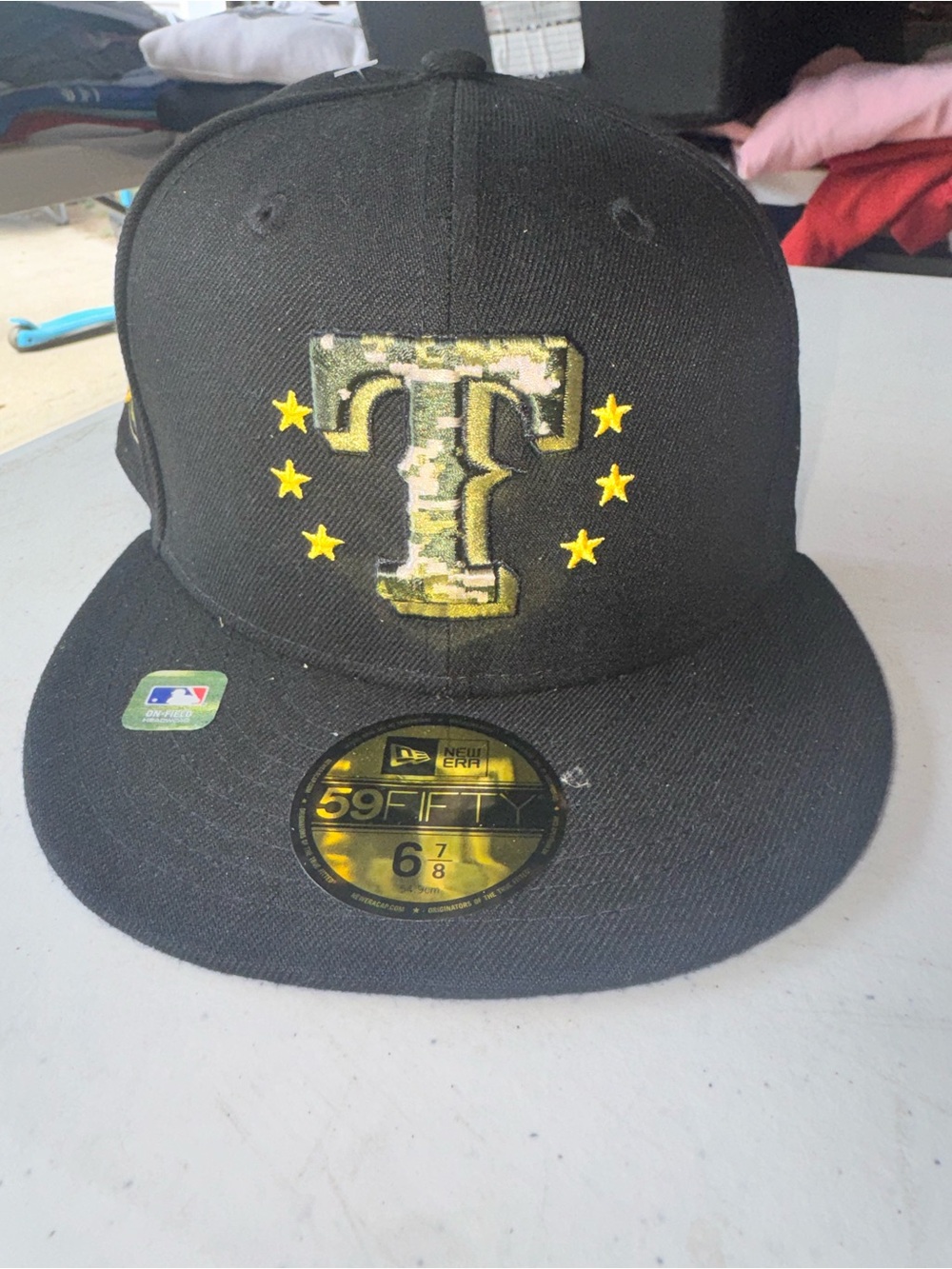 New Era Black Fitted 59FIFTY Hat with Camo 'T' and Yellow Stars